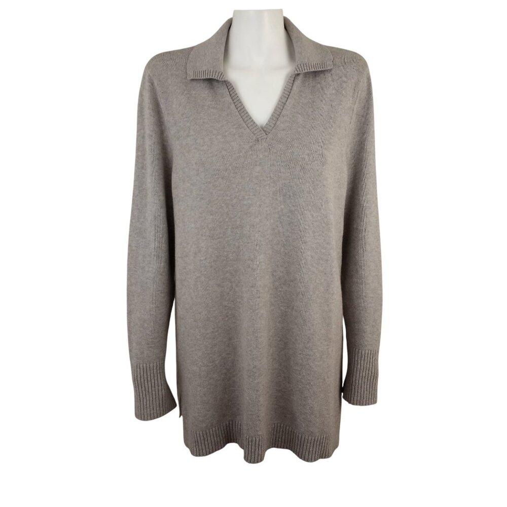 J Jill Pure Gray Heather Collared Split Neck Long Sleeve Tunic Sweater - Picture 3 of 9